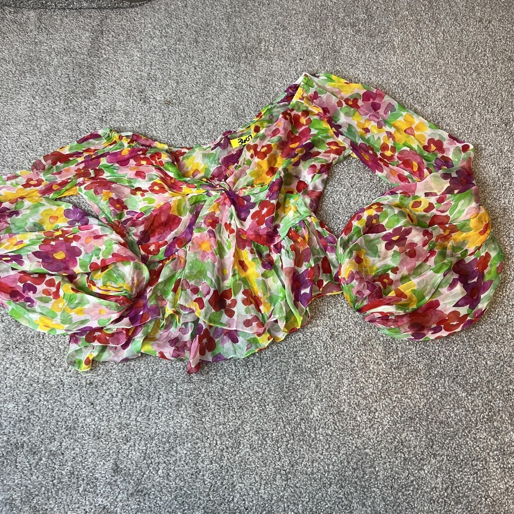 California Sunshine Blouse Womens Medium Sheer Floral Peplum Puff Sleeve Made US